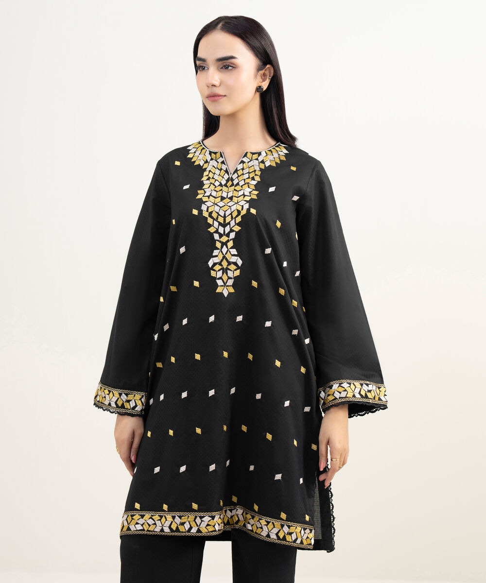 Women's RTW Dobby Embroidered Black Straight Shirt