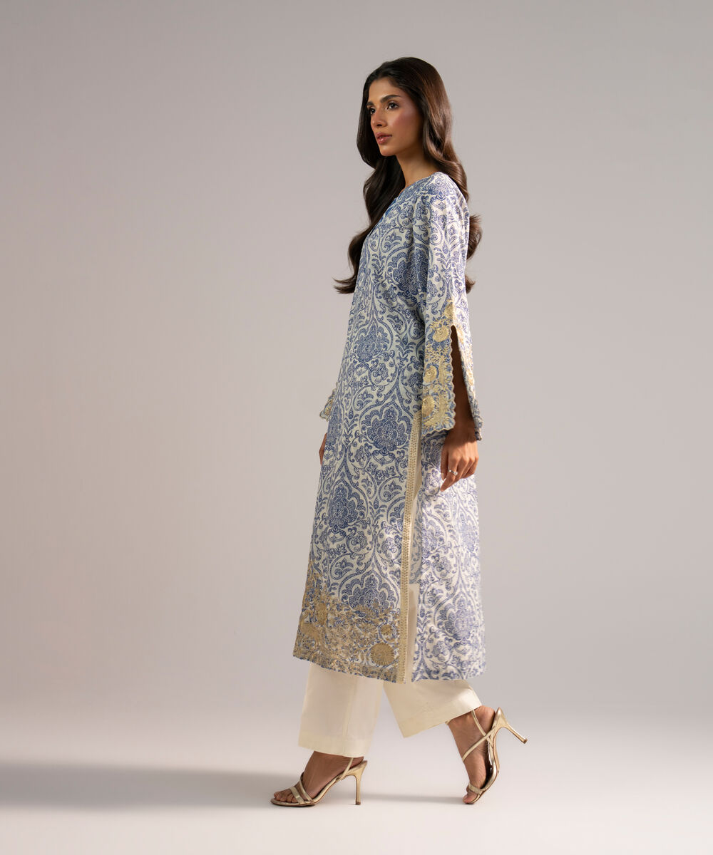 Women's RTW Zari Lawn Embroidered White A-Line Shirt