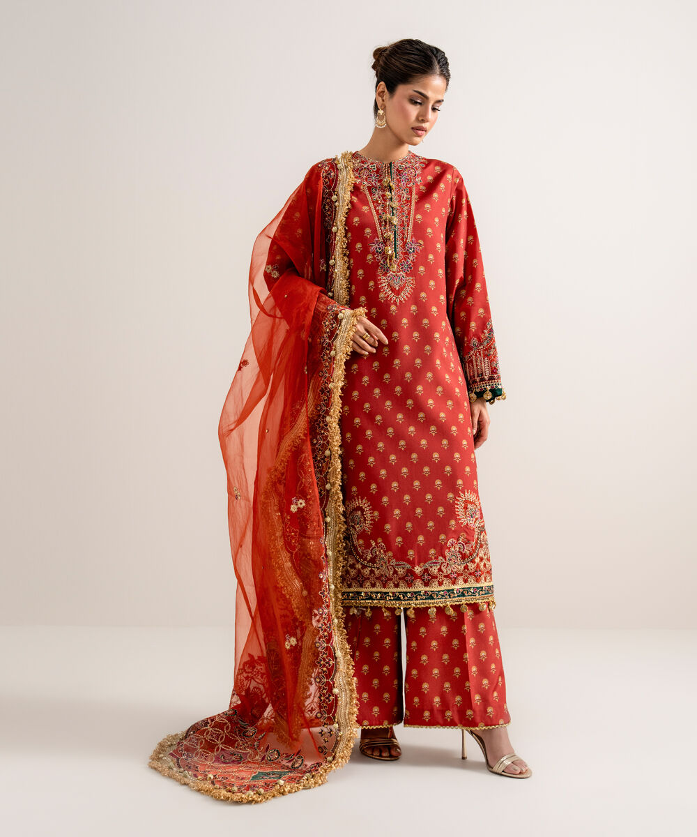 Women's Unstitched Printed Blended Grip Silk Orange 3 Piece Suit