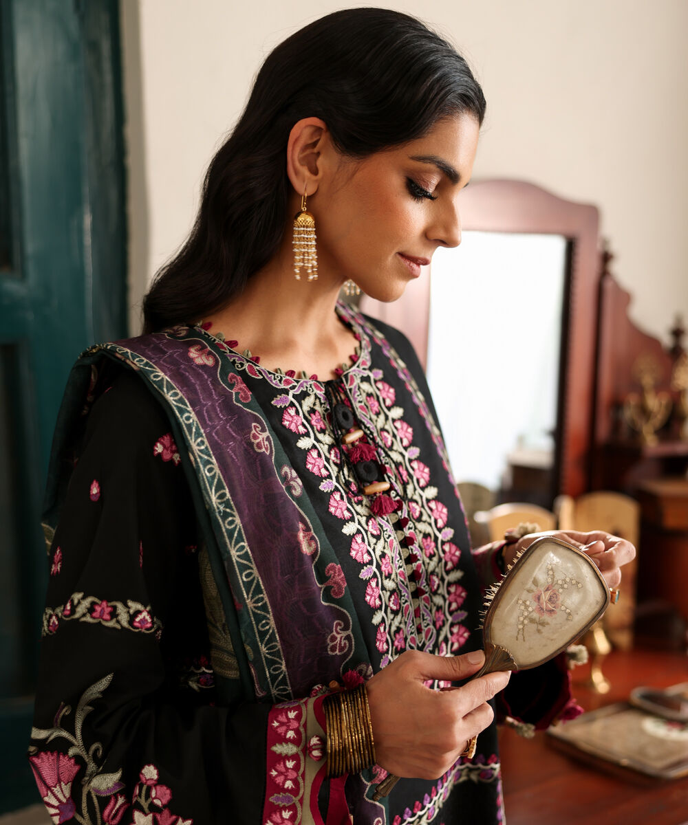 Women's Unstitched Lawn Embroidered Black 3 Piece Suit