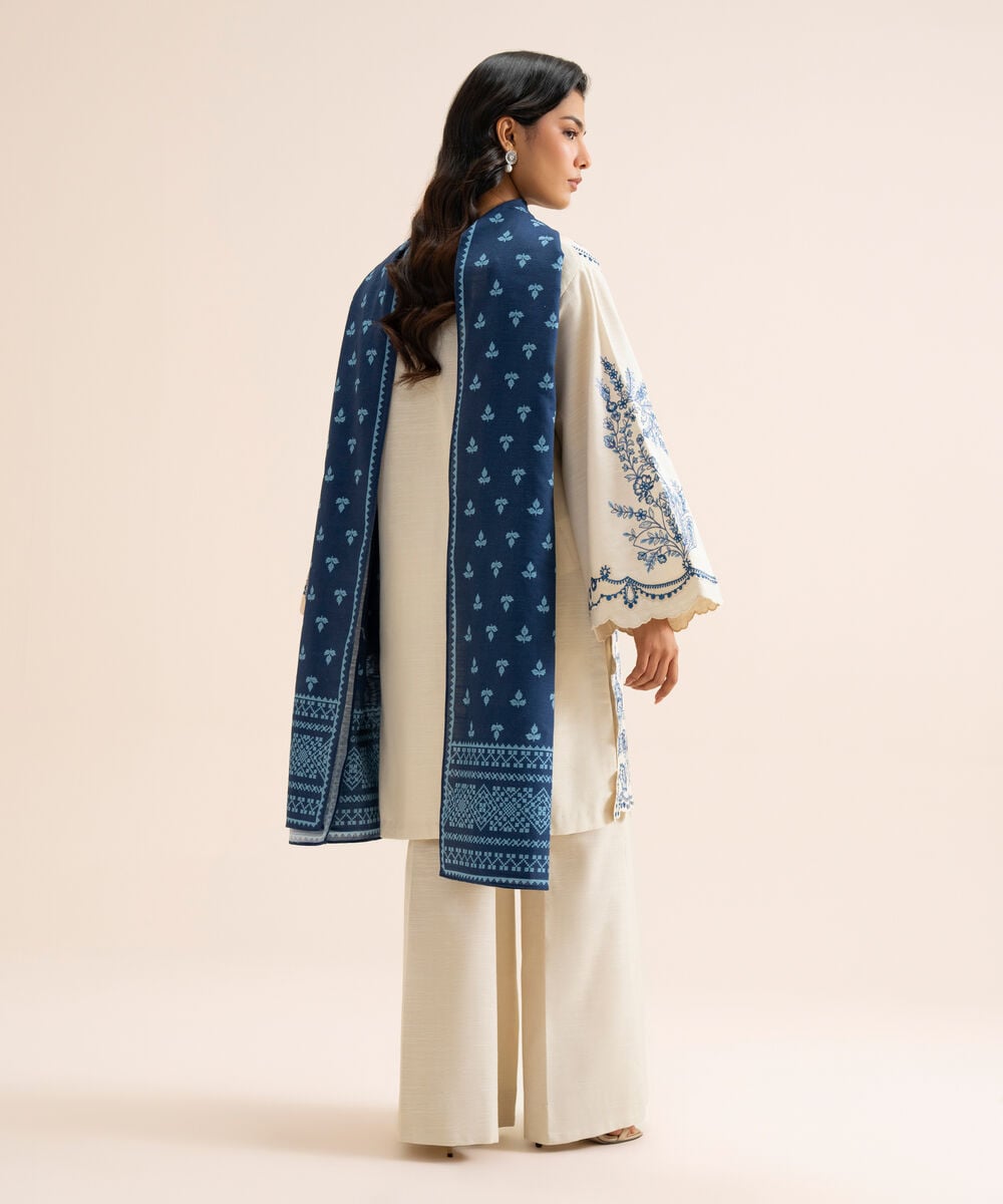 Women's Unstitched Light Khaddar Embroidered Dark Blue 3 Piece Suit