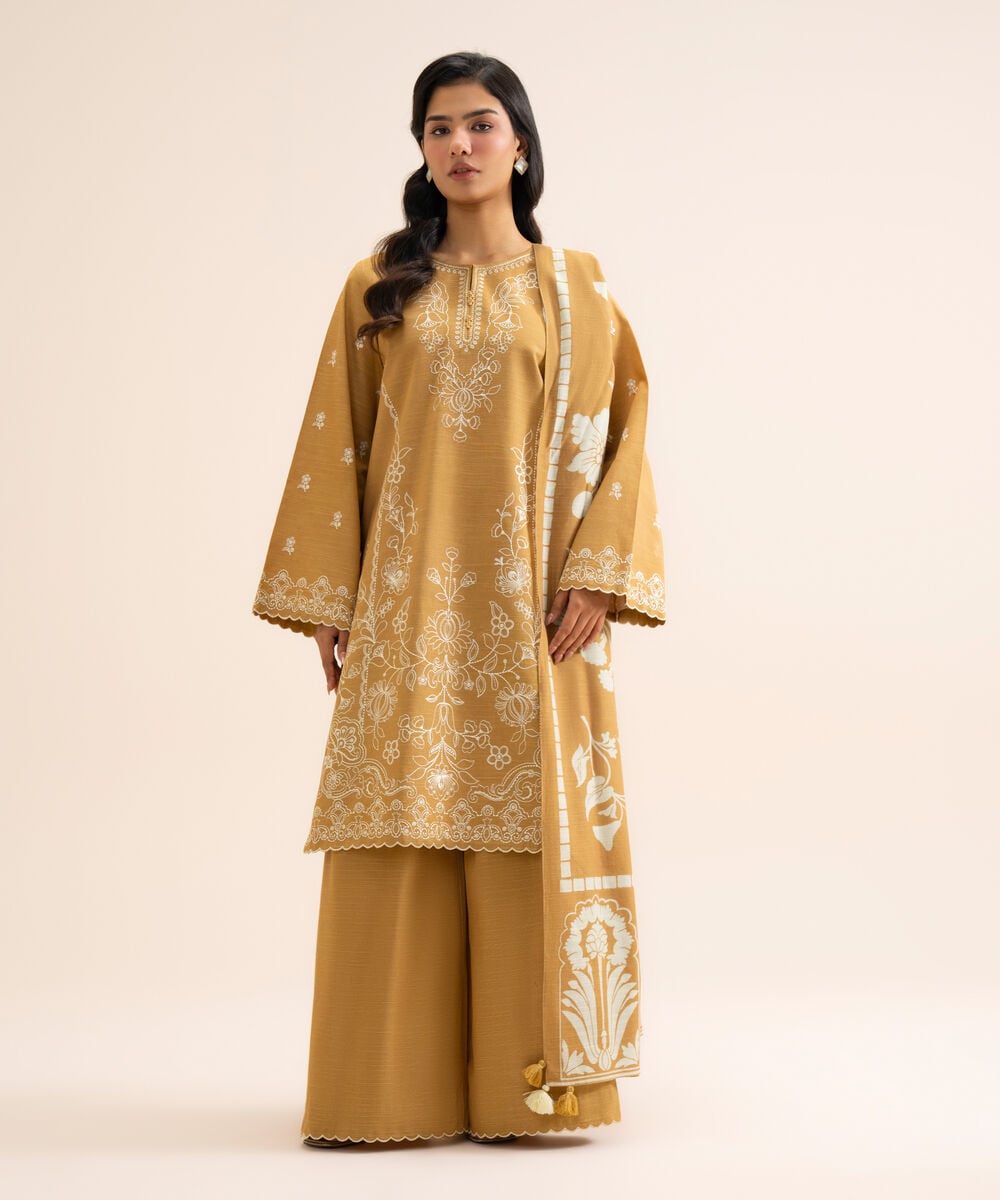 Women's Unstitched Light Khaddar Embroidered Mustard 3 Piece Suit