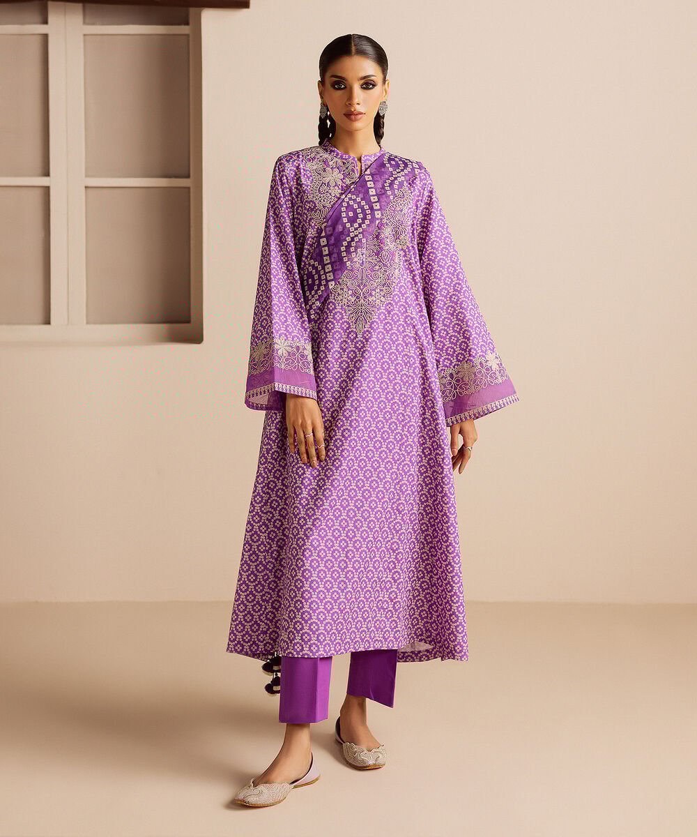 3 Piece - Embroidered Dobby Suit Women's Unstitched Dobby Embroidered Purple 3 Piece Suit