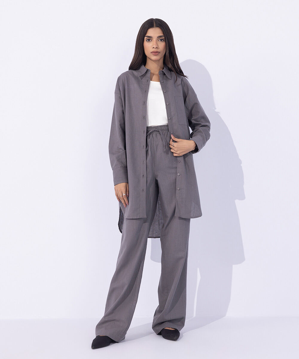 Women's Western Wear Grey Linen Blend Pull On Trousers