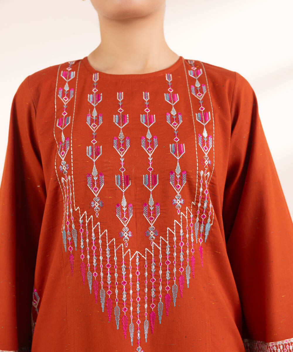 Women's Pret Multineps Orange Embroidered A-Line Shirt