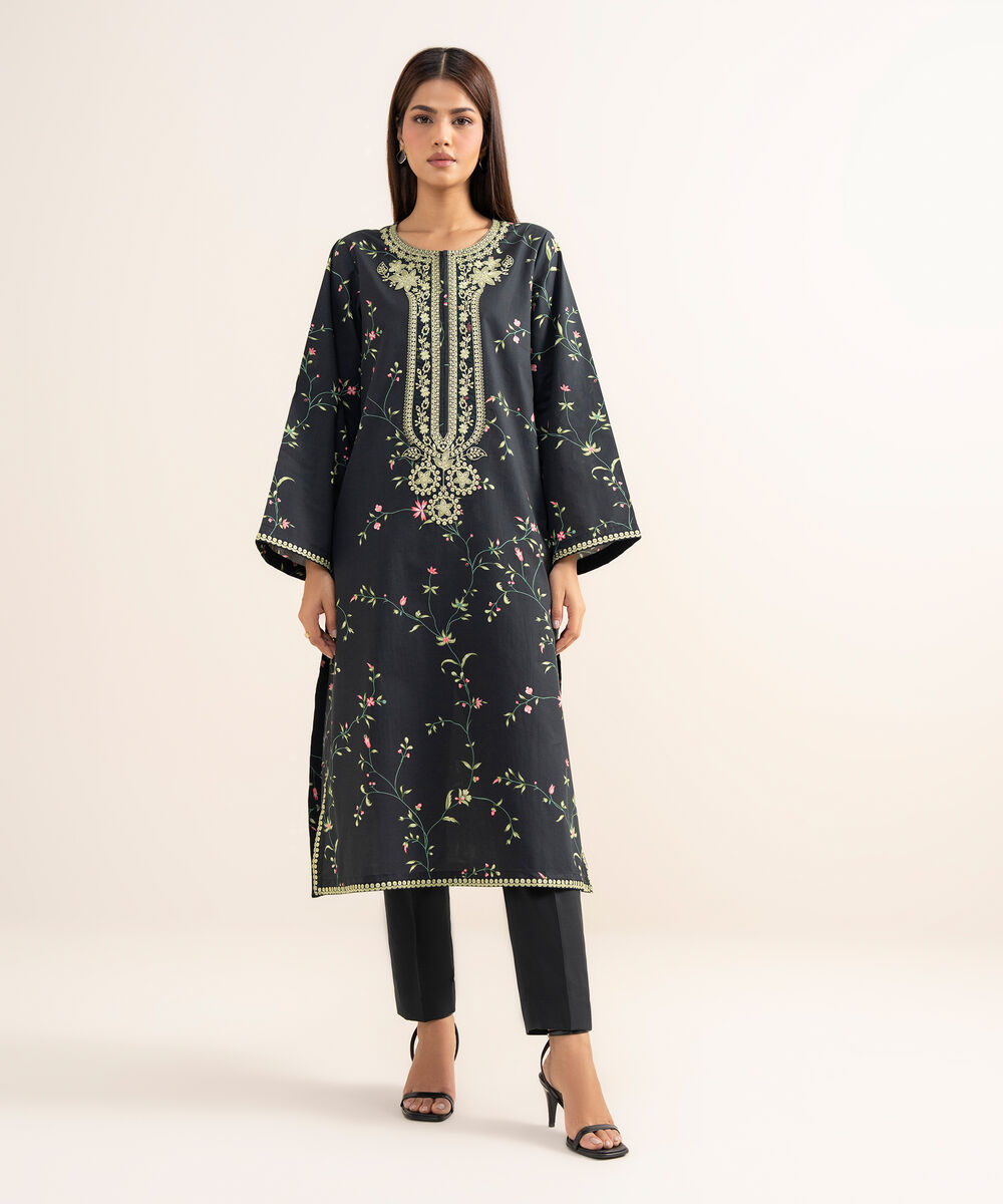 Women's Unstitched Lawn Embroidered Black   2 Piece Suit