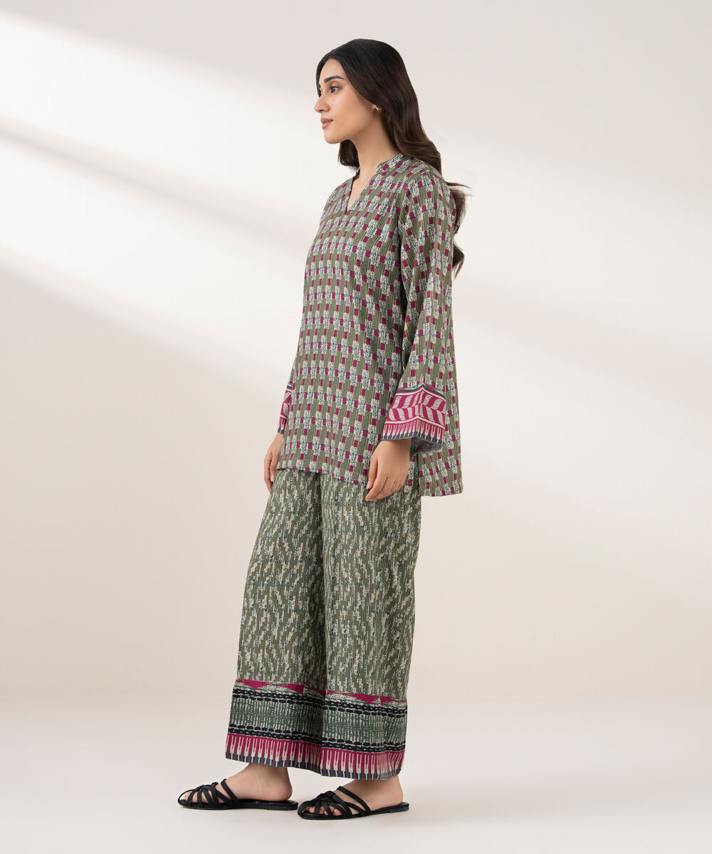 Women's RTW Viscose Linen Printed Straight Green Shirt