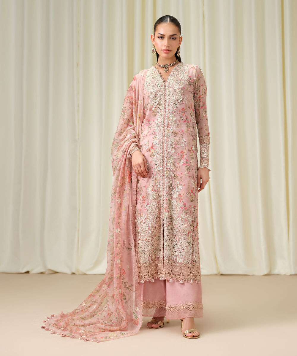 Women's Unstitched Blended Chiffon Embroidered Pink 3 Piece Suit