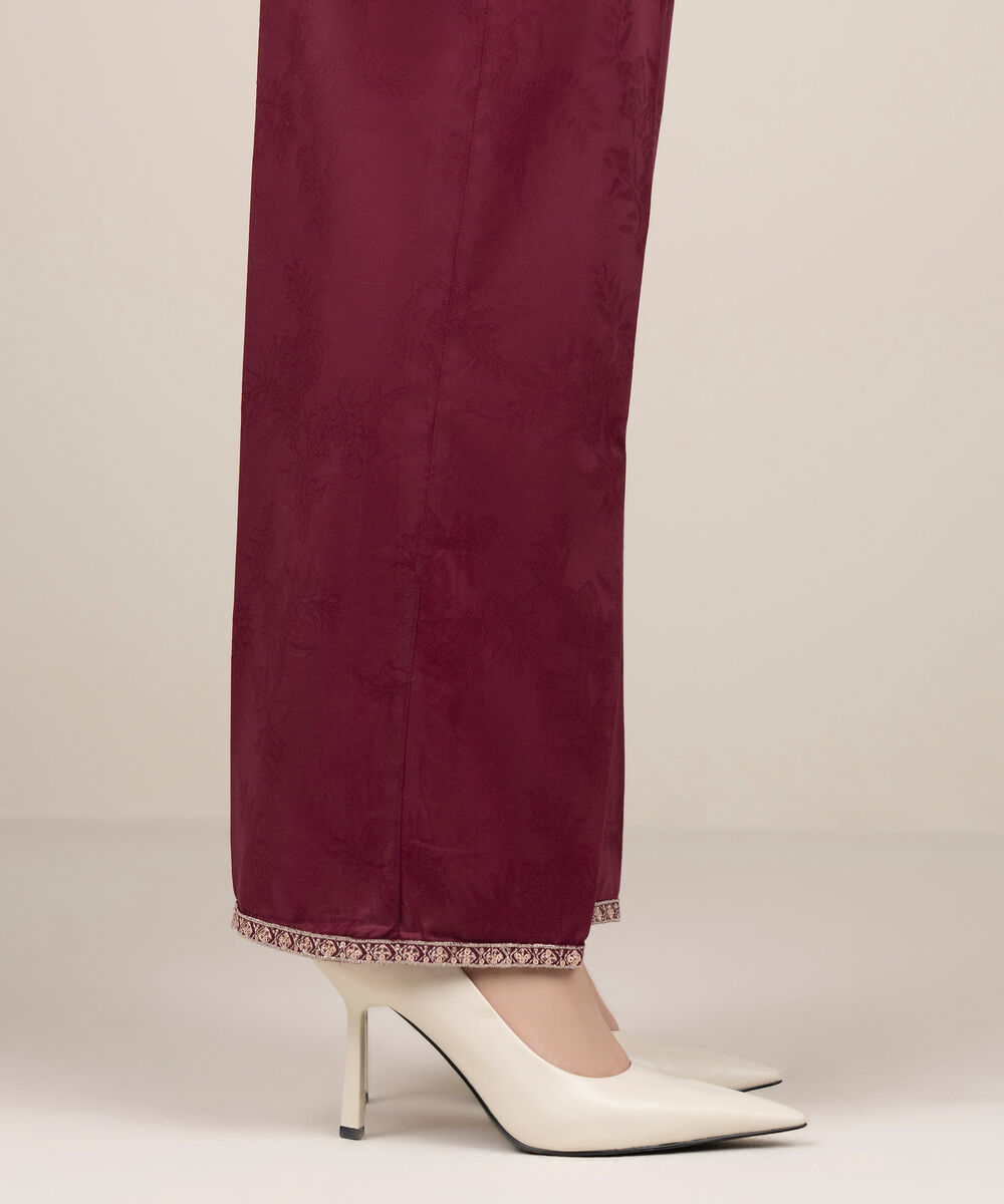 Women's RTW Self Jacquard Leno Embroidered Maroon Straight Pants