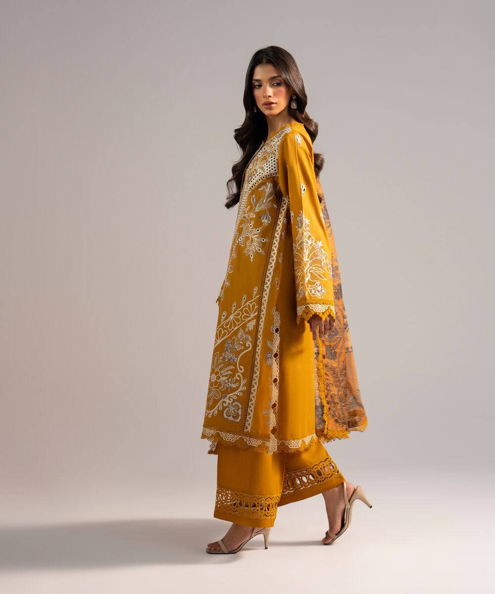 Women's RTW Lawn Embroidered Mustard Yellow 3 Piece Suit