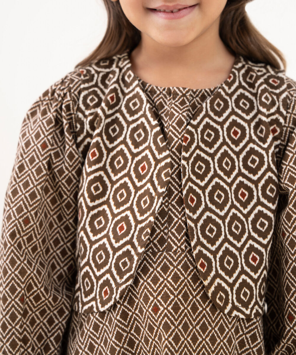 Girl's Light Khaddar Printed Brown A-Line Shirt