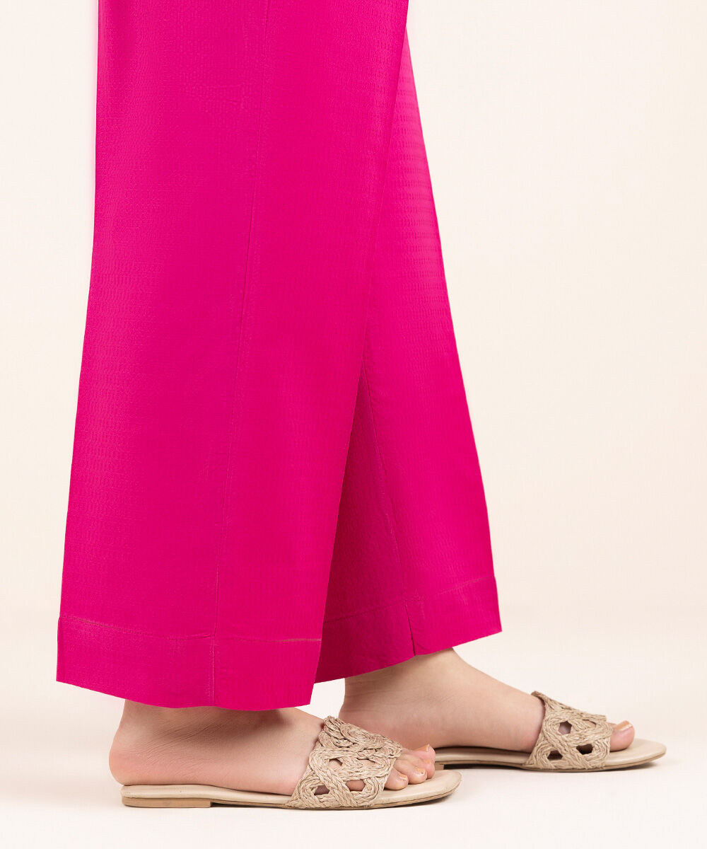 Woman - Pink Solid Cotton Straight Pants