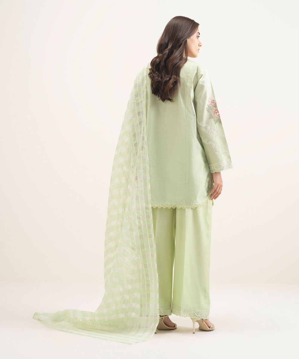 Women's RTW Silk Cotton Net Embroidered Mint Green 3 Piece Suit