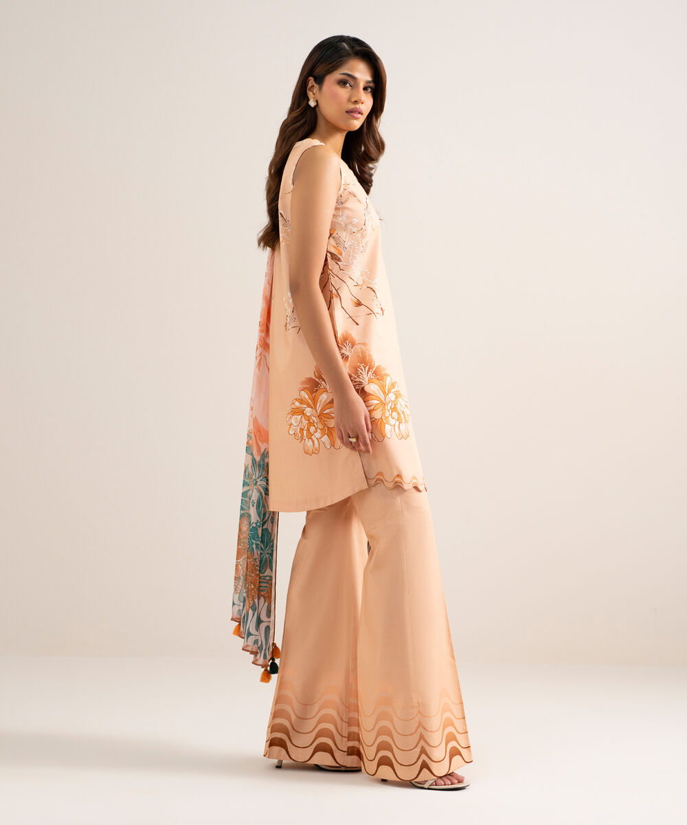 Women's Unstitched Lawn Printed Peach 3 Piece Suit