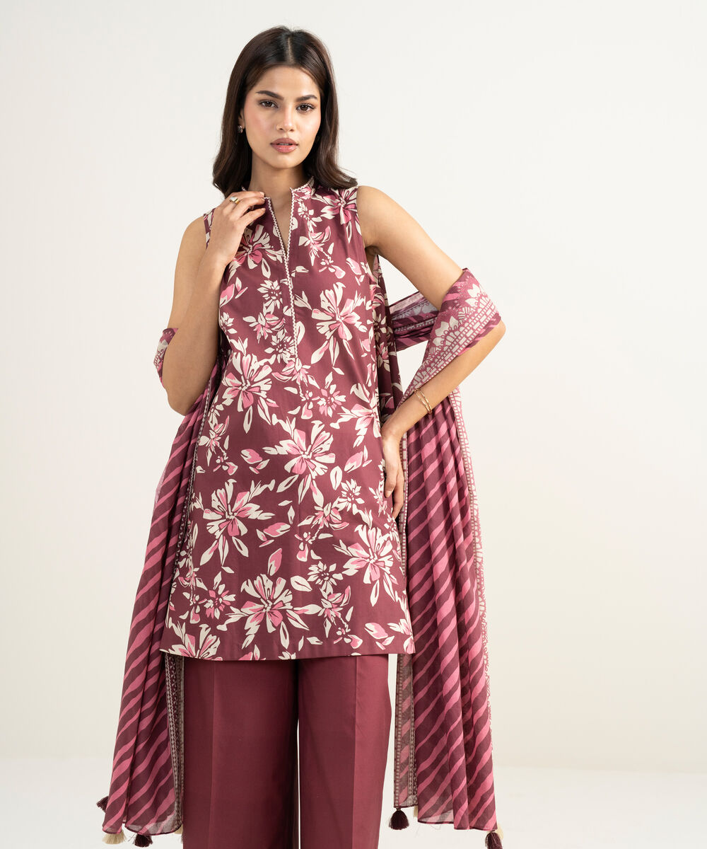 Women's Unstitched Lawn Printed Red 3 Piece Suit