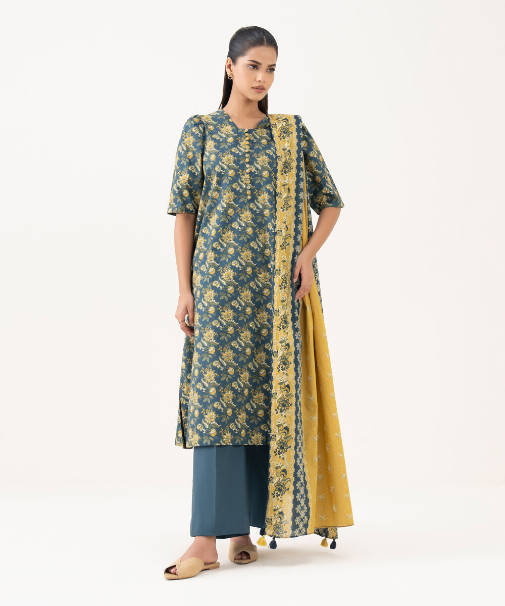 Women's Unstitched Cotton Printed Multi Three Piece Suit