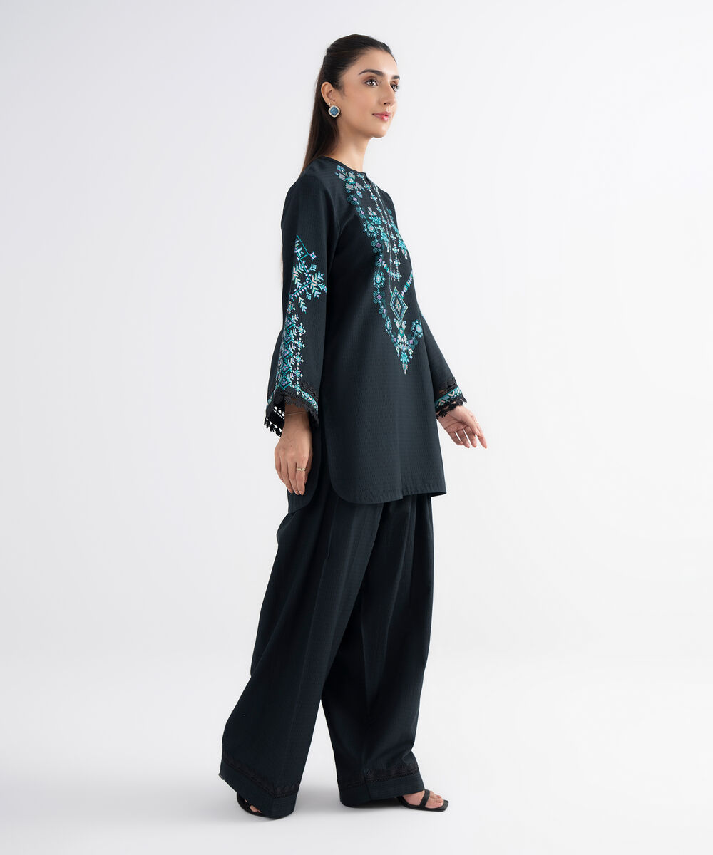 Women's Unstitched Dobby Embroidered Black 2 Piece Suit