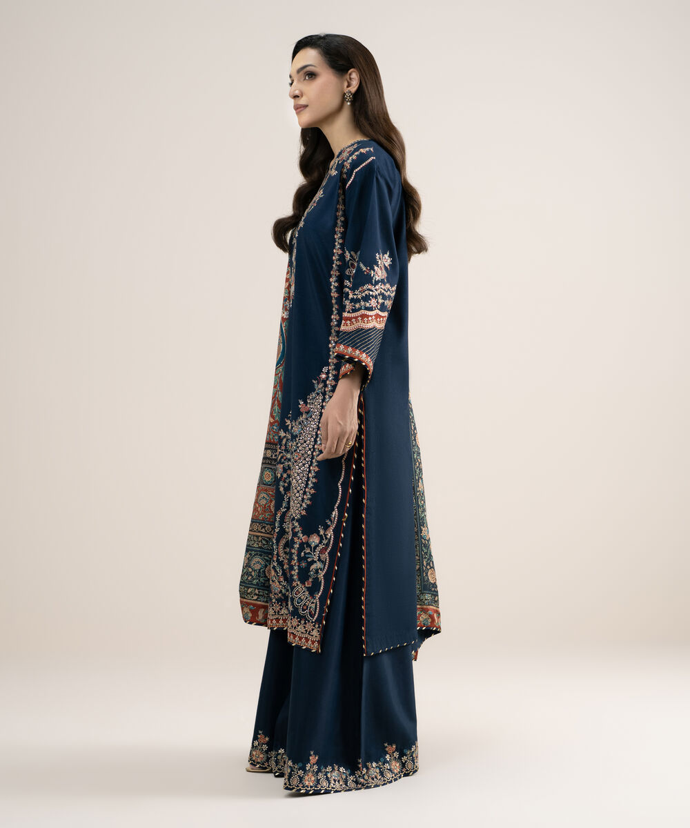 Women's Unstitched Embroidered Blended Raw Silk Blue 3 Piece Suit