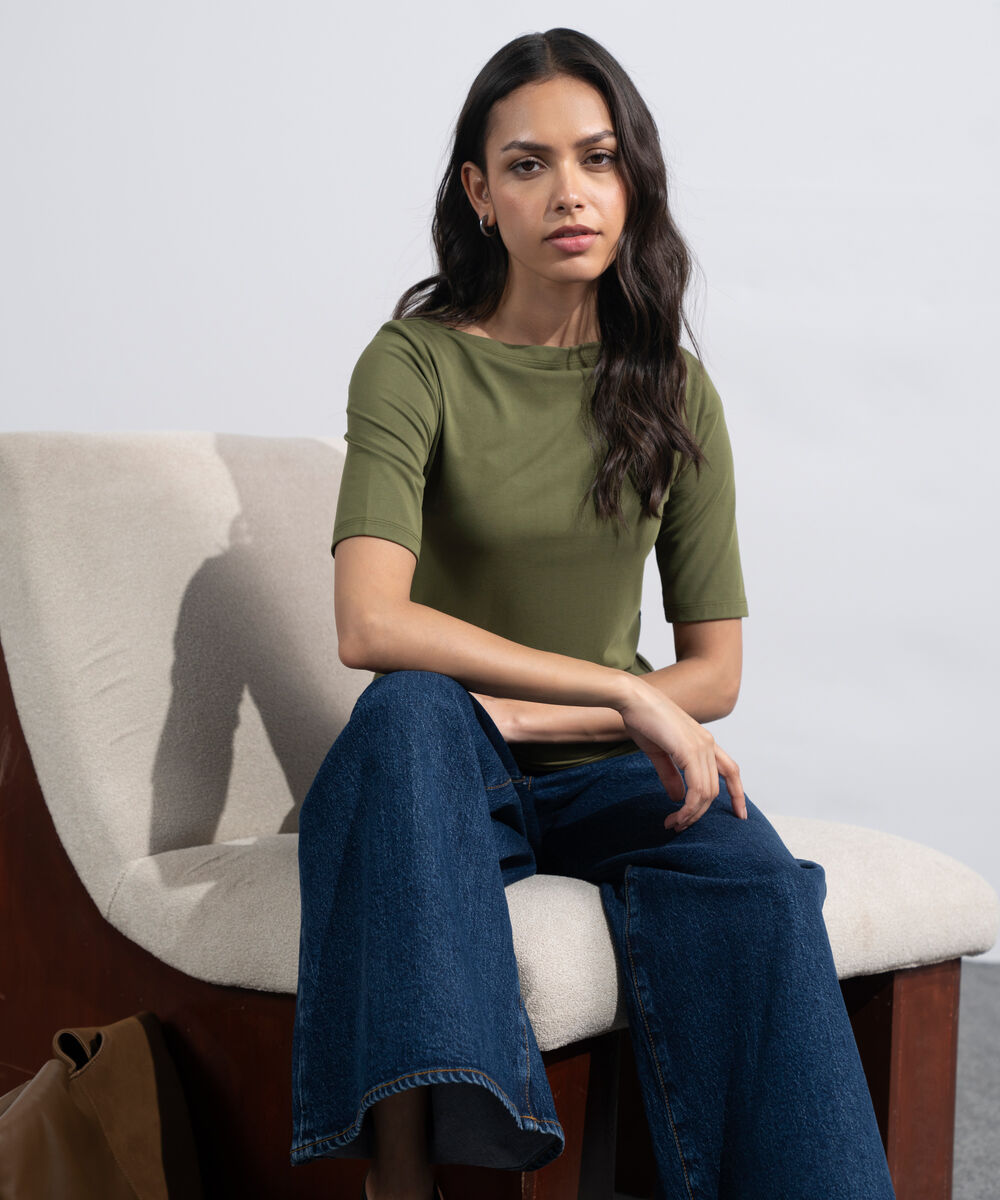 Women's Olive Green Soft Slash Neck Top