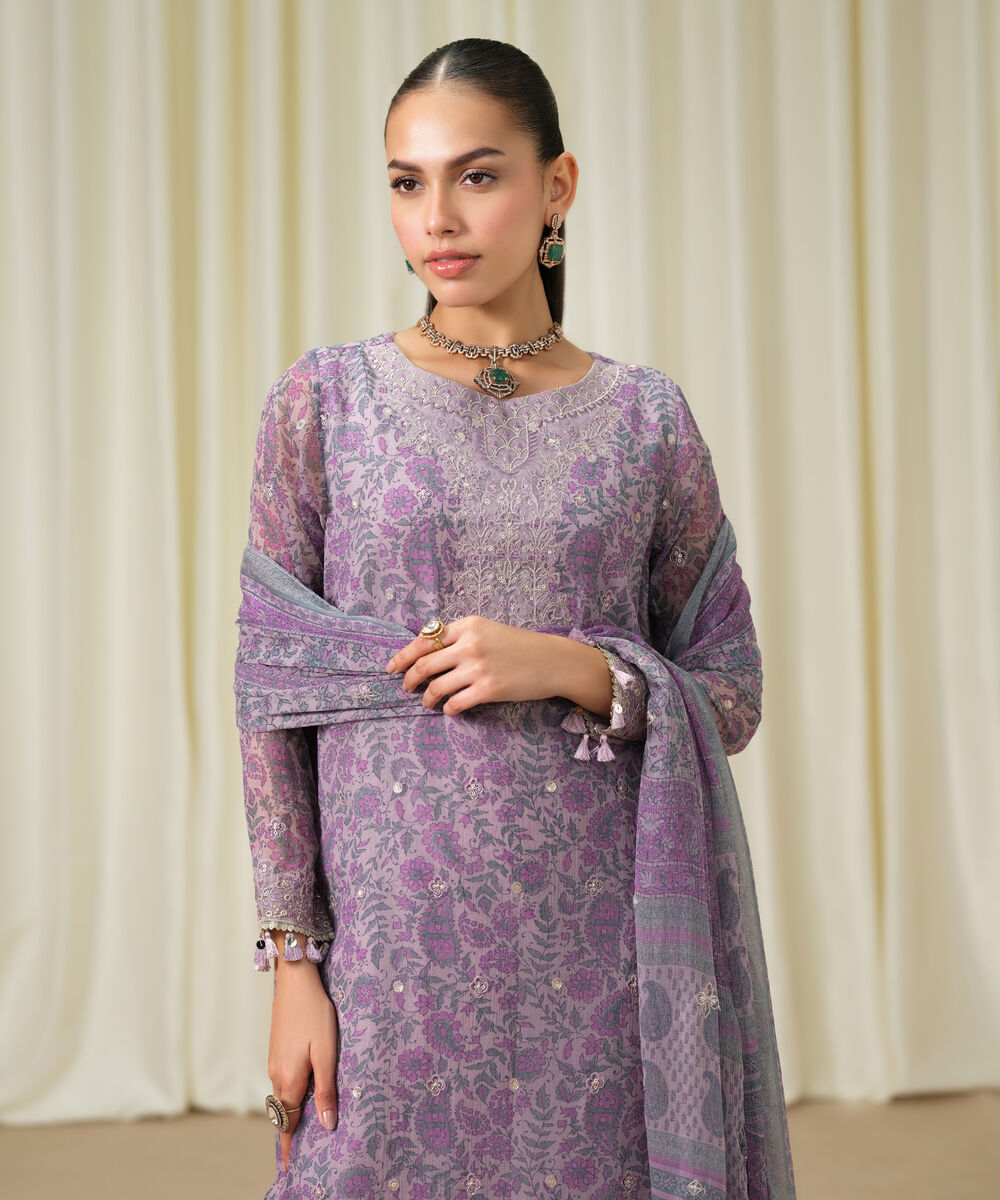 Women's Unstitched Blended Chiffon Embroidered Purple 3 Piece Suit