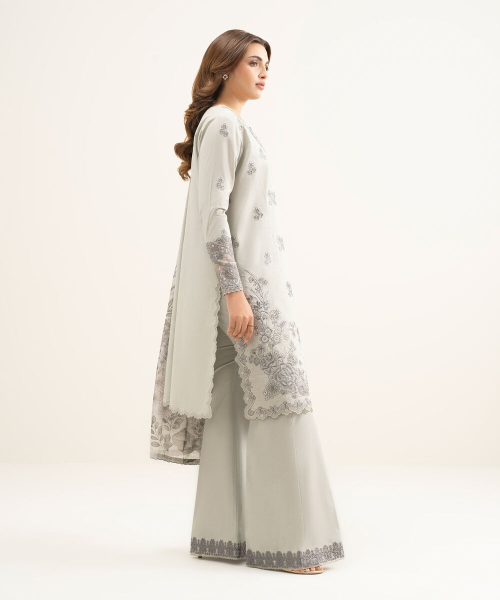 Women's Unstitched Textured Lawn Grey Embroidered 3 Piece Suit