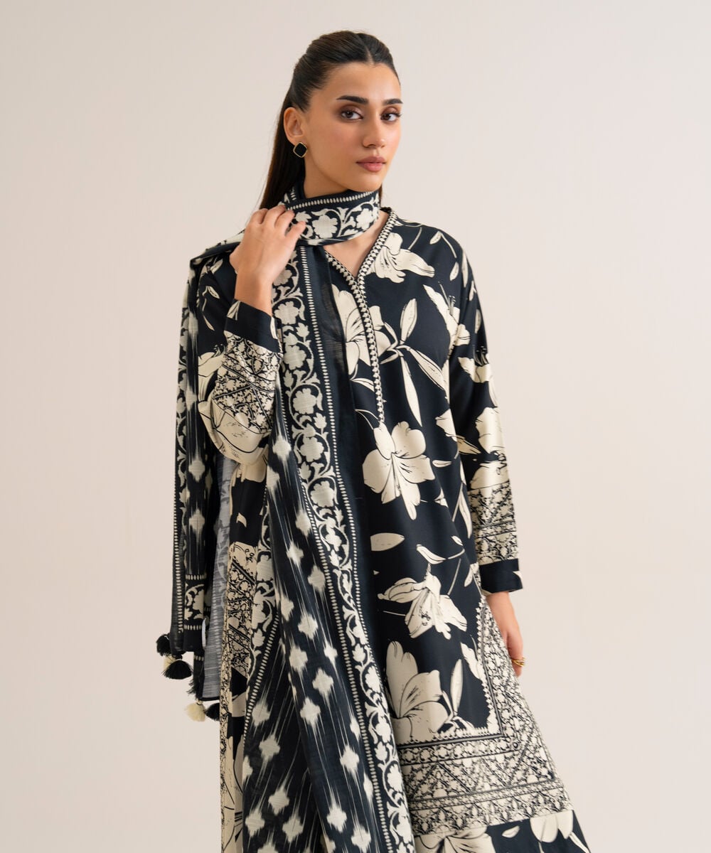 Women's Unstitched Viscose Linen Printed Black & Off White 3 Piece Suit