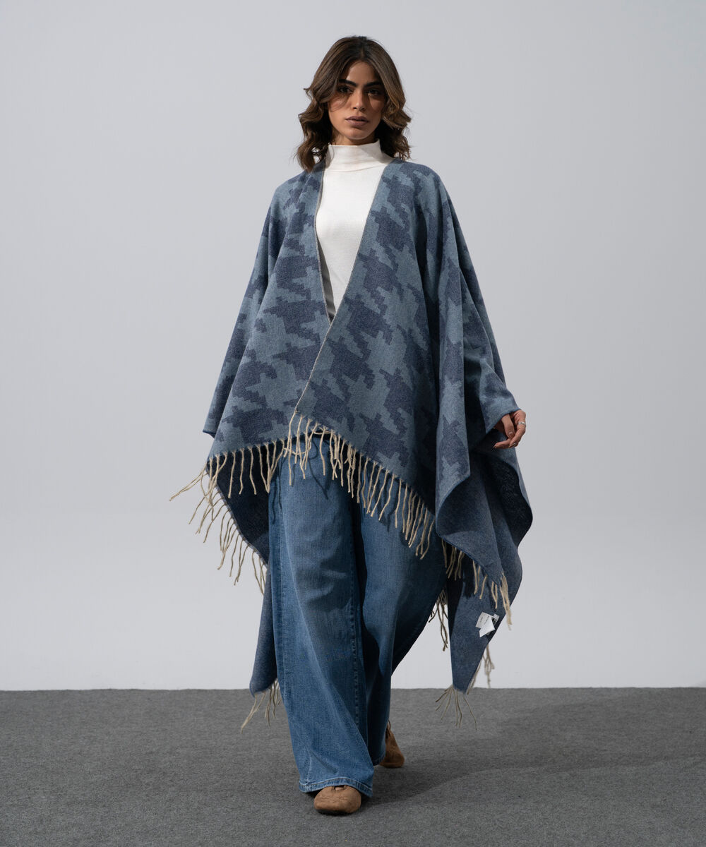 Women's Western Wear Grey Polyester Houndstooth Cape Shawl