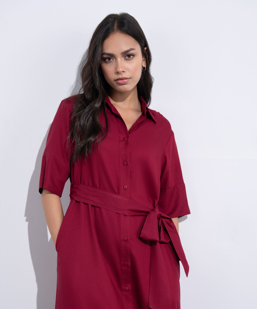 Women's Western Wear Red Short Sleeve Dress With Belt