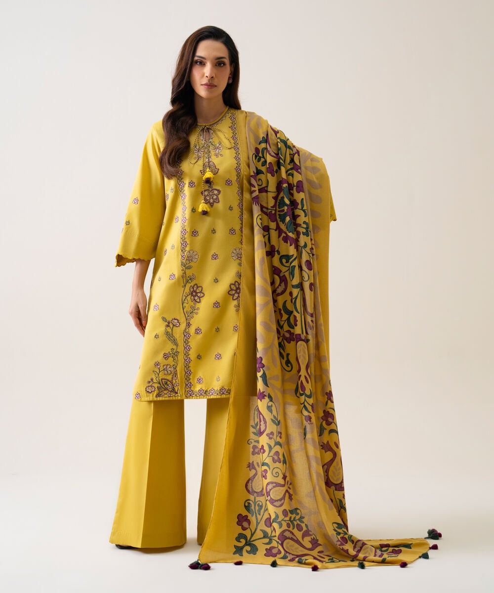Women's Unstitched Cotton Twill Embroidered Yellow 3 Piece Suit