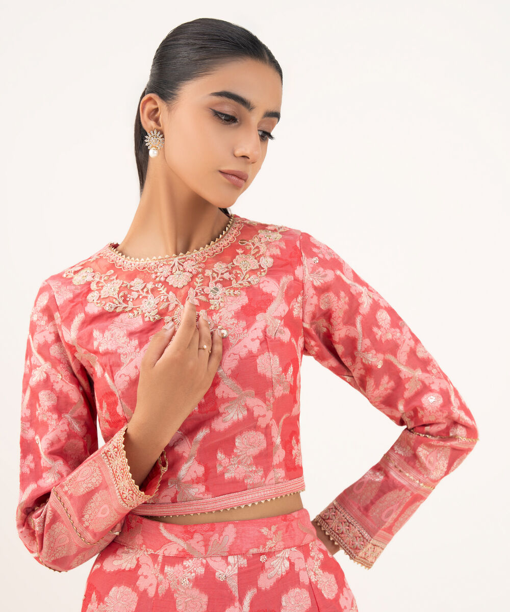Women's RTW Zari Jacquard Pink Embroidered Lehnga Choli
