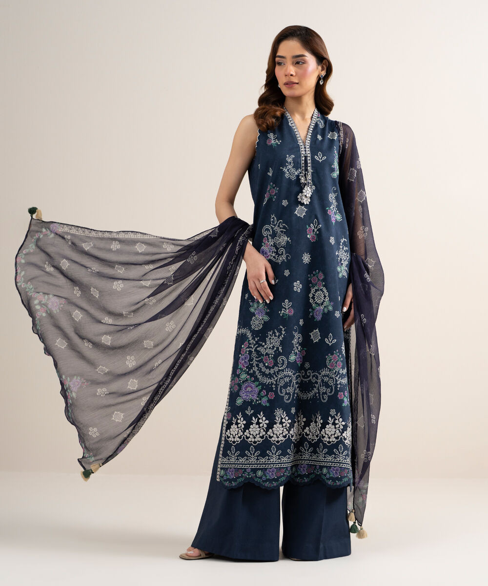Women's Unstitched Lawn Embroidered Blue 3 Piece Suit