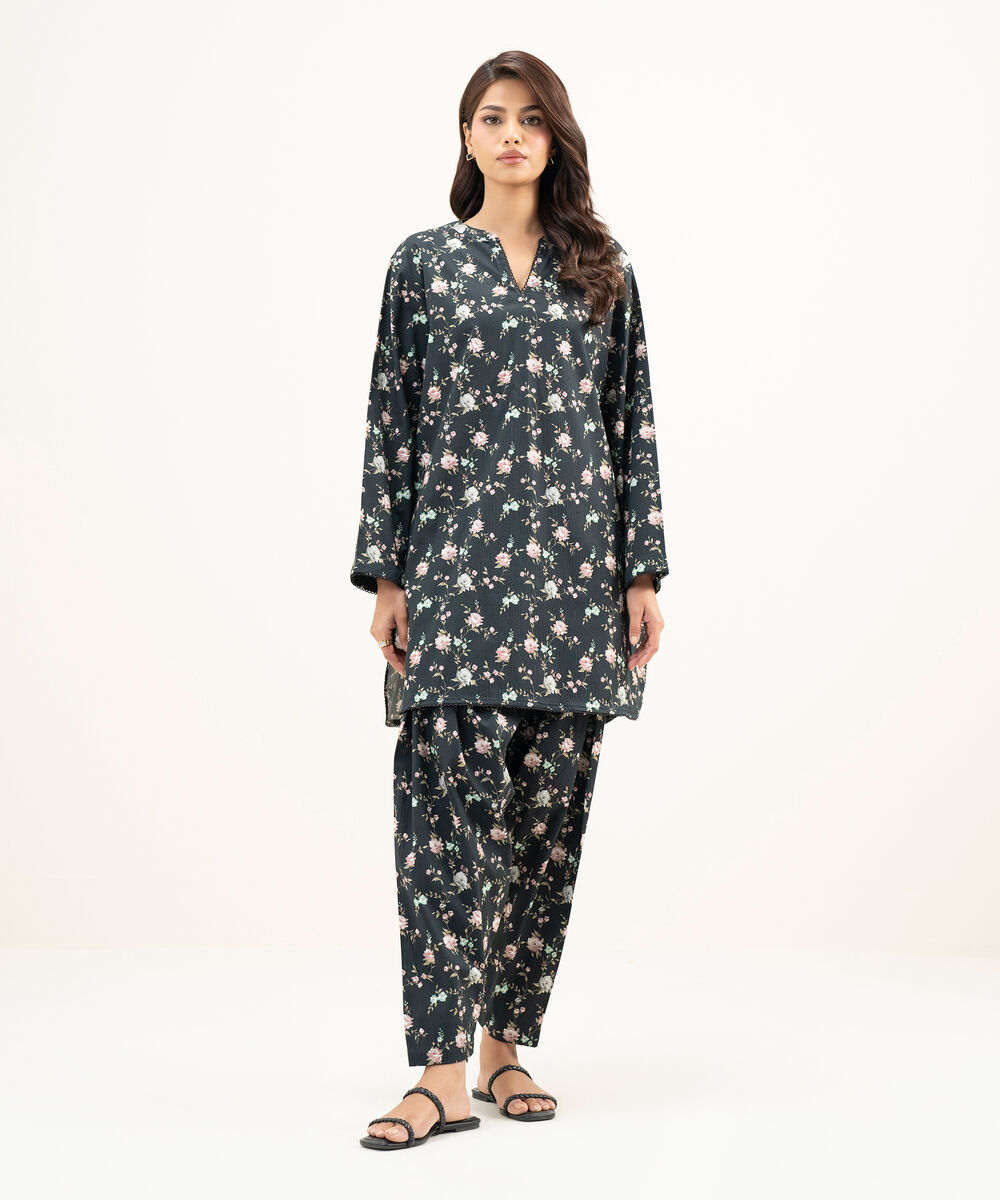 Women's RTW Seersucker Printed Black Straight Shirt