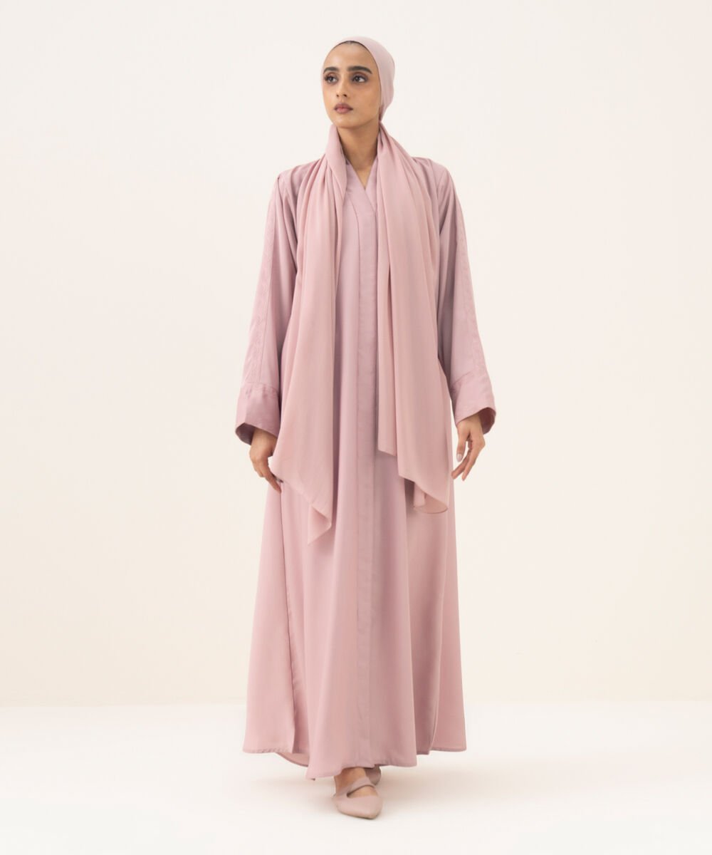 Women's pink button through Abaya with embroidery