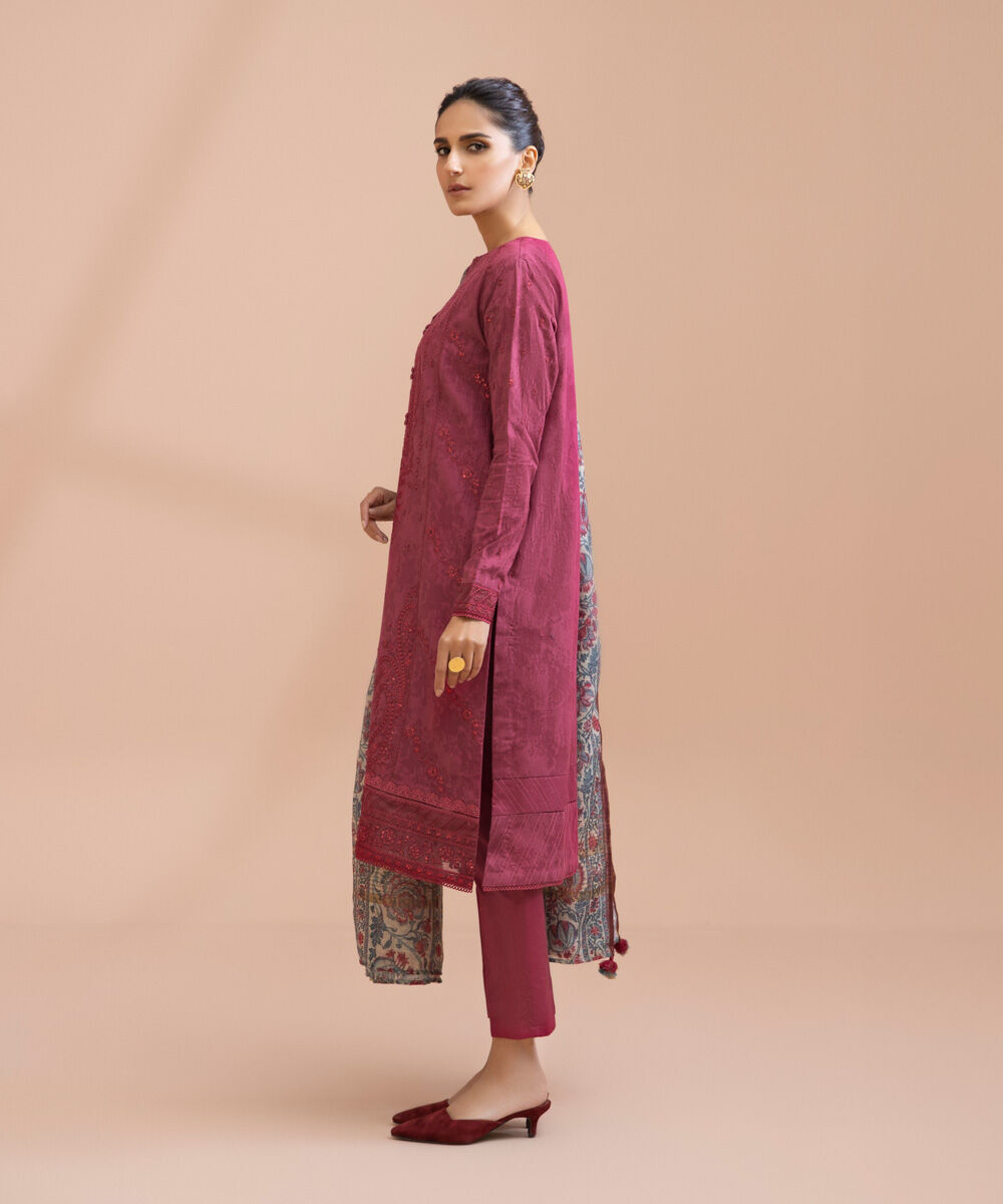 Women's Unstitched Raw Silk  Embroidered Pink 3 Piece Suit