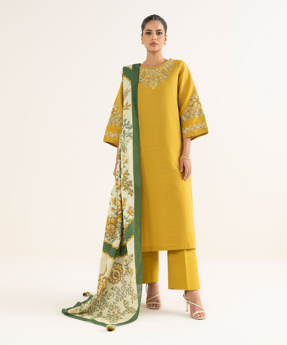 Women's Unstitched Cotton Embroidered Yellow 3 Piece Suit