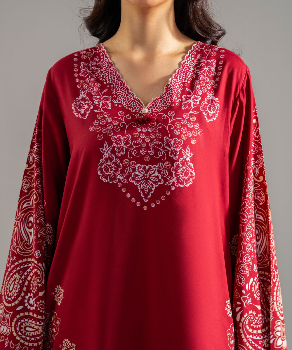 Women's RTW Arabic Lawn Printed Maroon Straight Shirt