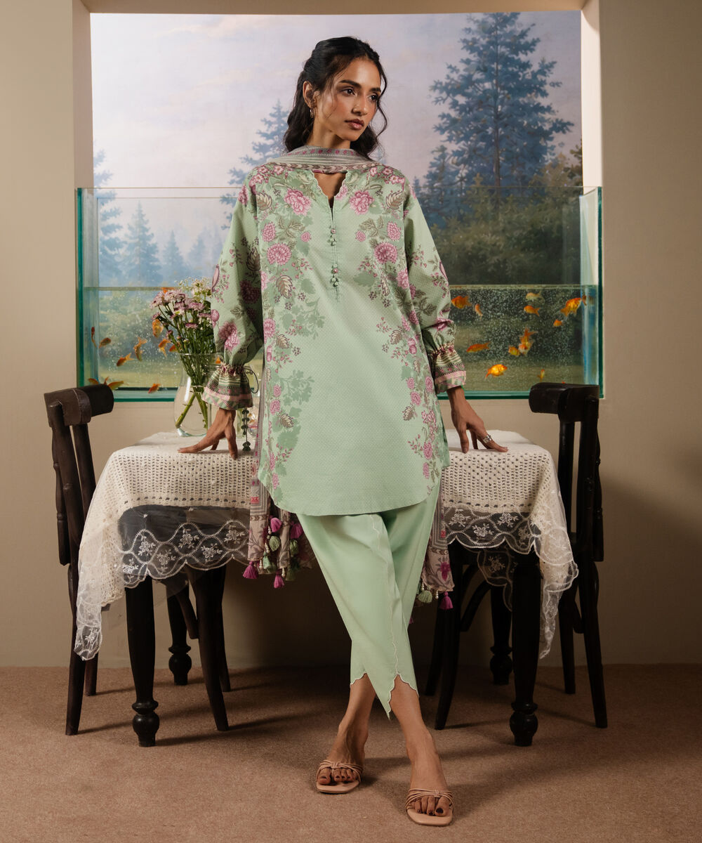 Women's Unstitched Lawn Printed Green 3 Piece Suit