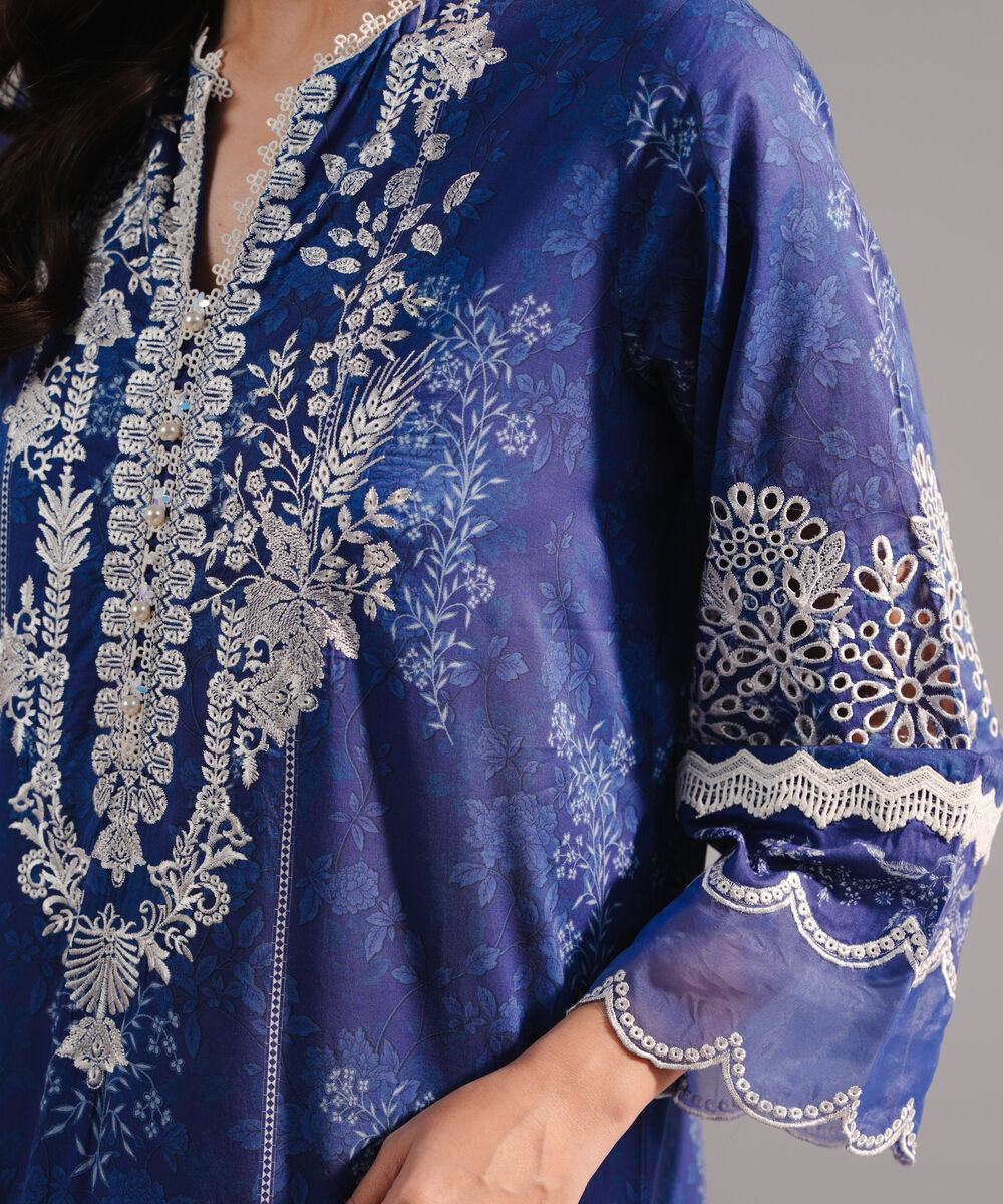 Women's RTW Lawn Embroidered Dark Blue A-Line Shirt
