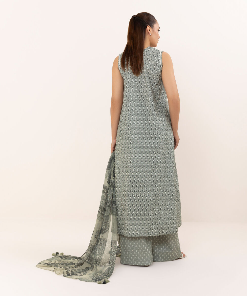 Women's Unstitched Cotton Printed Grey Three Piece Suit