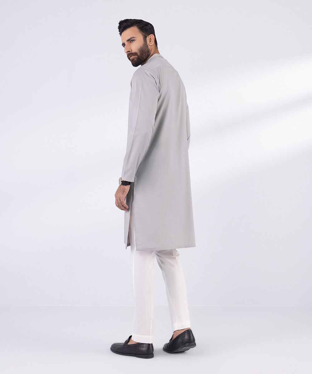 Men's Blended Stitched Embroidered Grey Kurta