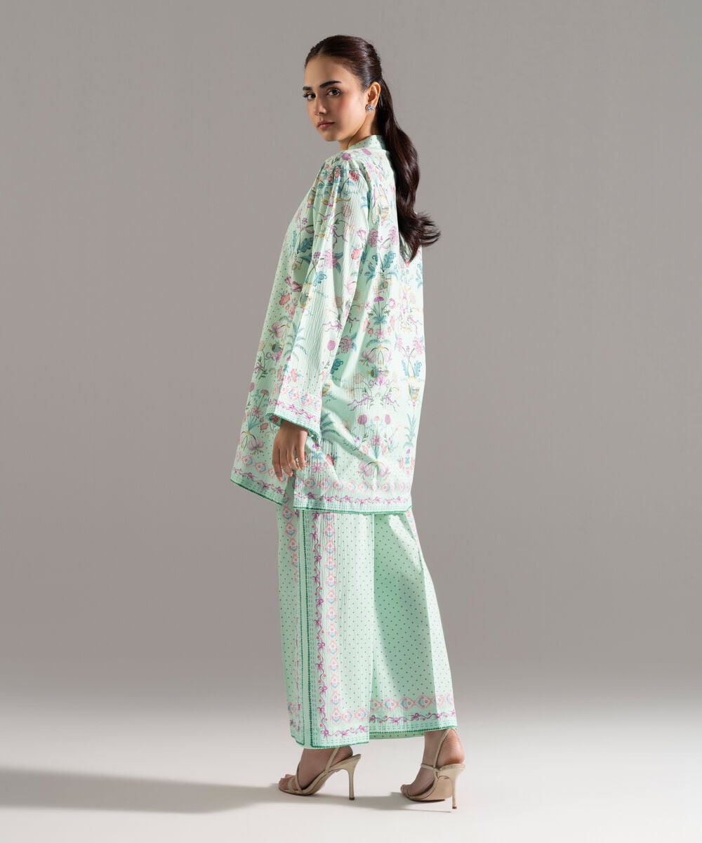 Women's RTW Seersucker Printed Green 2 Piece Suit