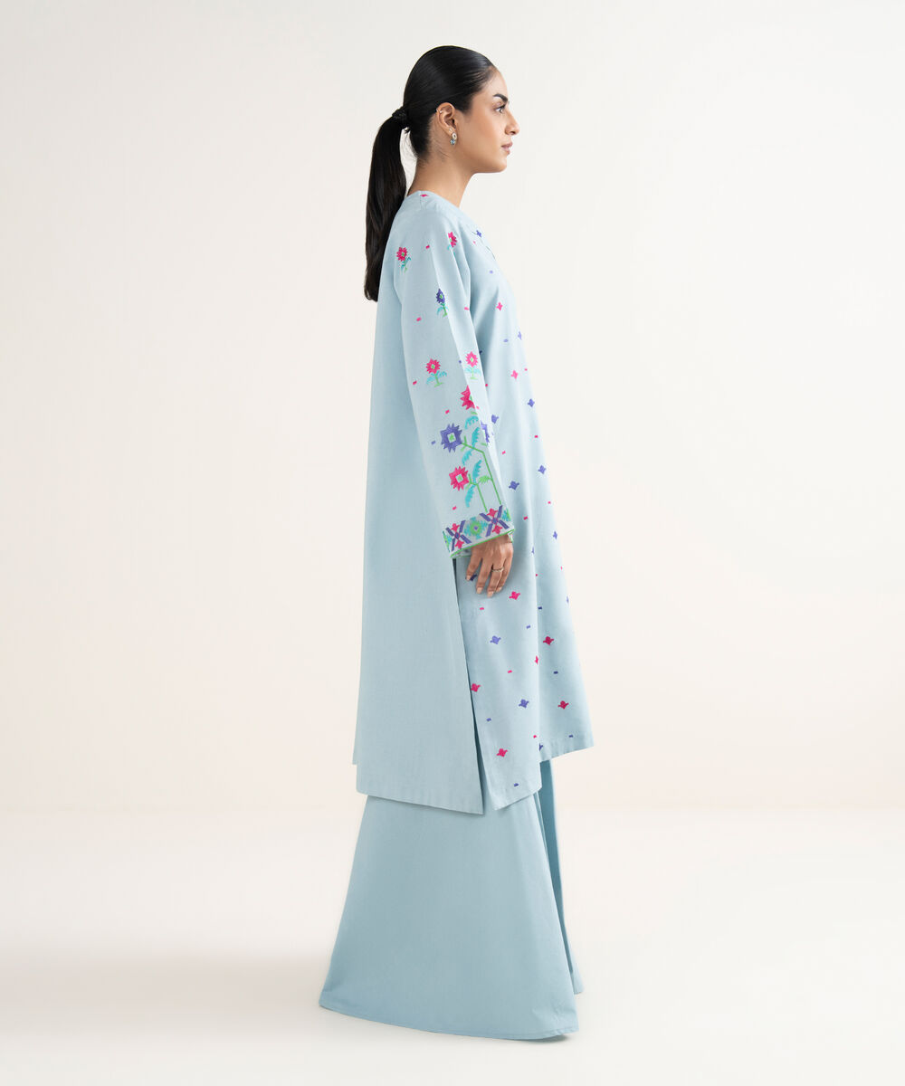 Women's Unstitched Cotton Viscose Embroidered Blue 3 Piece Suit