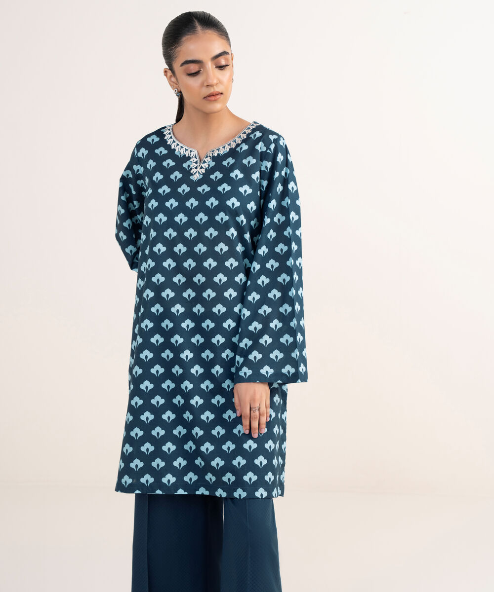 Women's RTW Textured Lawn Blue Embroidered A-Line Shirt