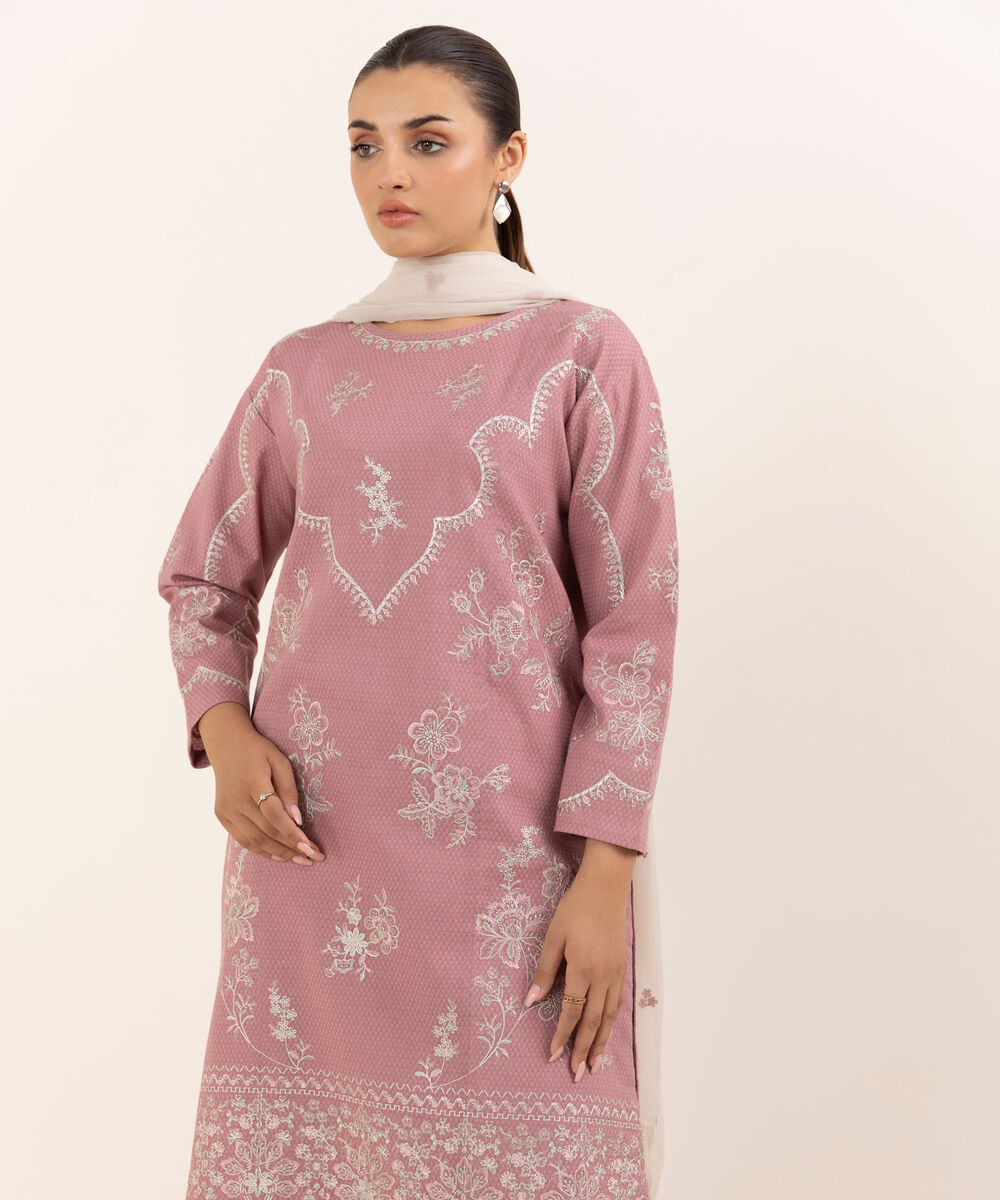 Women's Unstitched Dobby Embroidered Pink Three Piece Suit