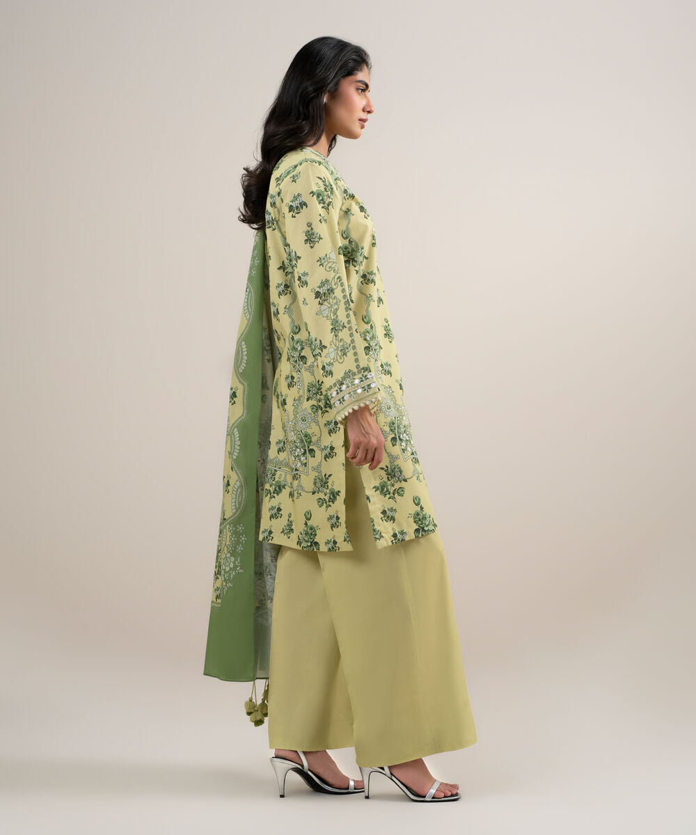 Women's Unstitched Lawn Embroidered Light Yellow 3 Piece Suit