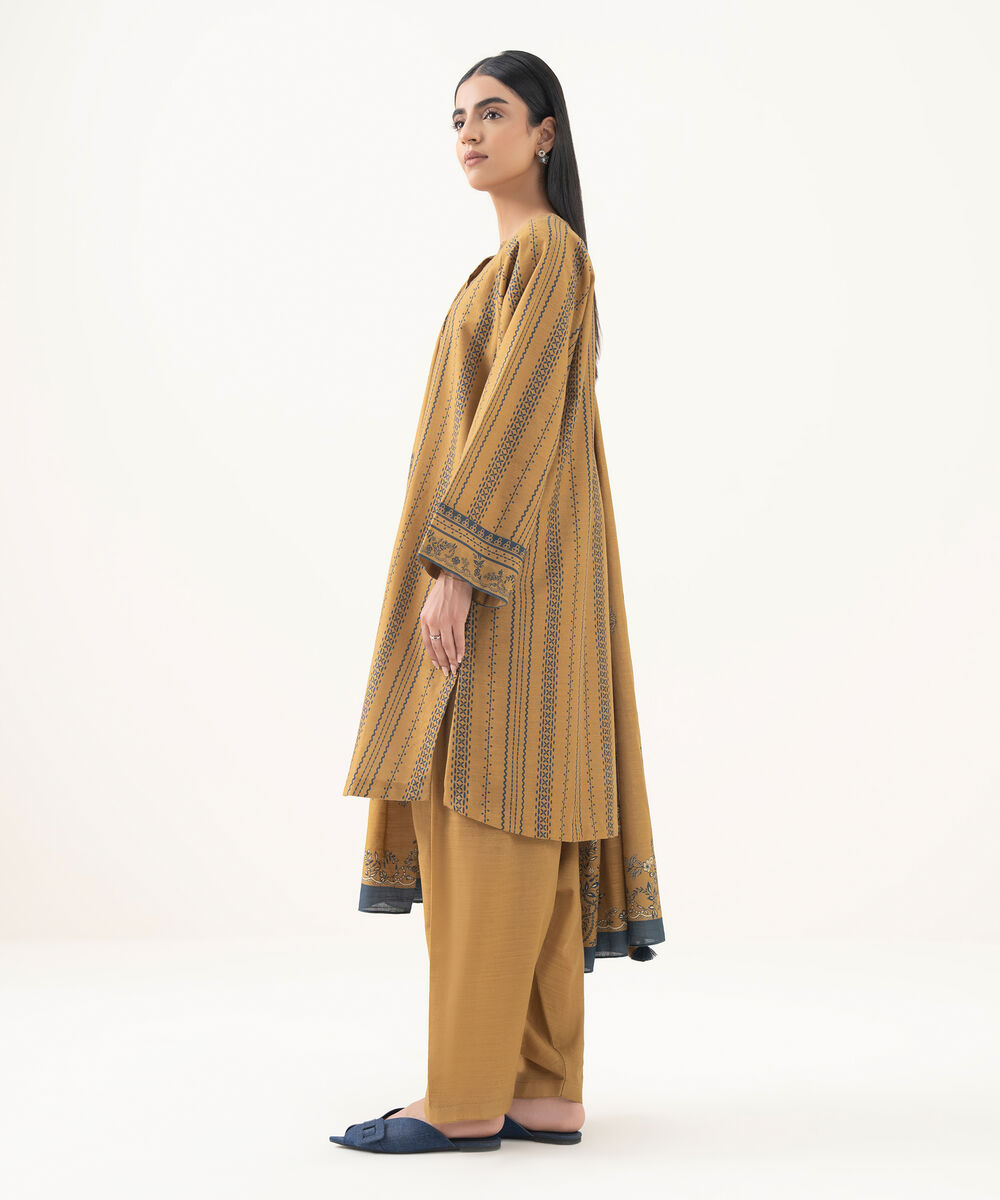 Women's Unstitched Light Khaddar Printed Brown 3 Piece Suit