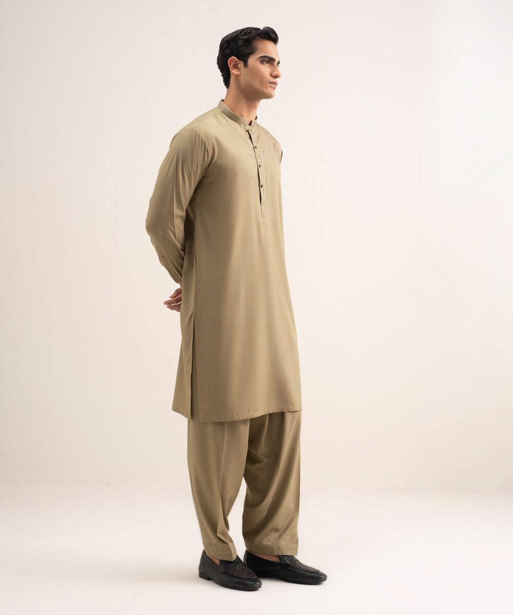Men'S Stitched Olive Premium Wash And  Wear Suit