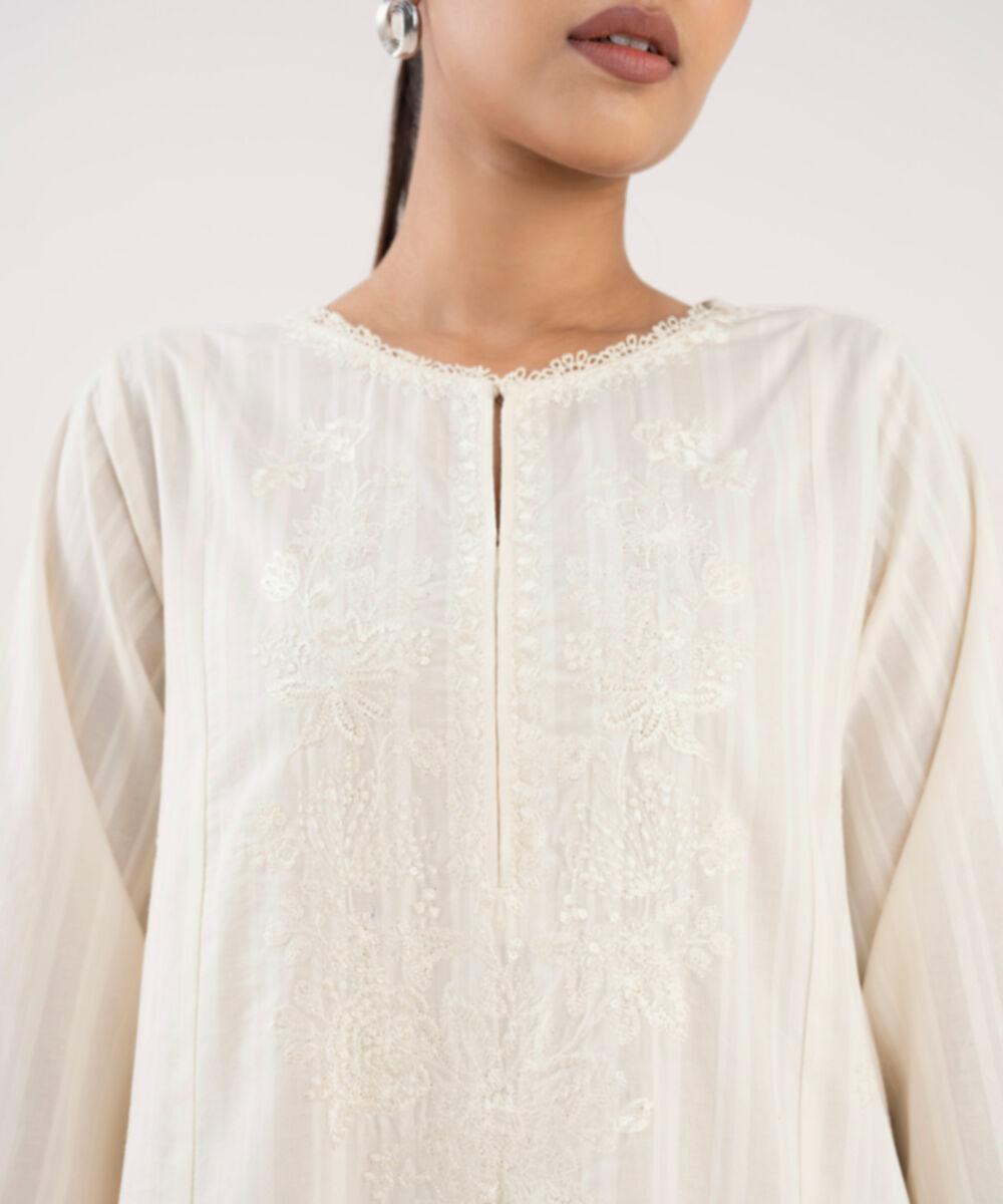 Women's RTW Textured Lawn Off White Embroidered A-Line Shirt