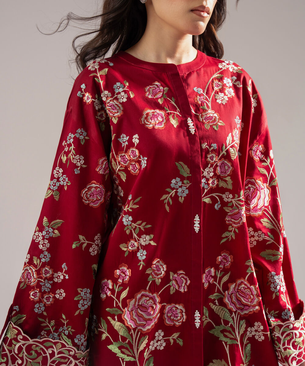 Women's RTW Cotton Satin Embroidered Maroon 2 Piece Suit