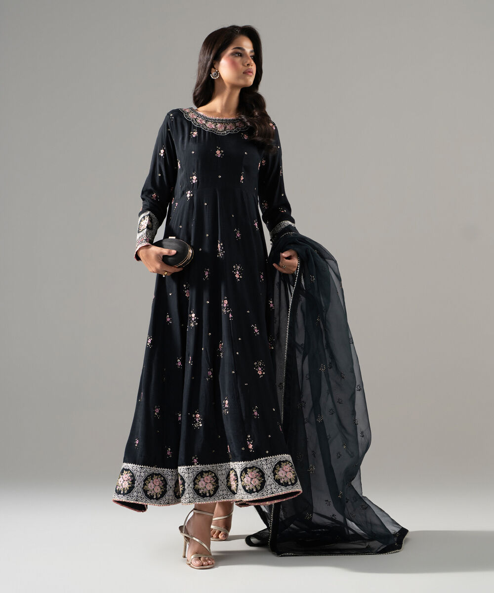 Women's RTW Bright Raw Silk Printed Black Shirt and Dupatta